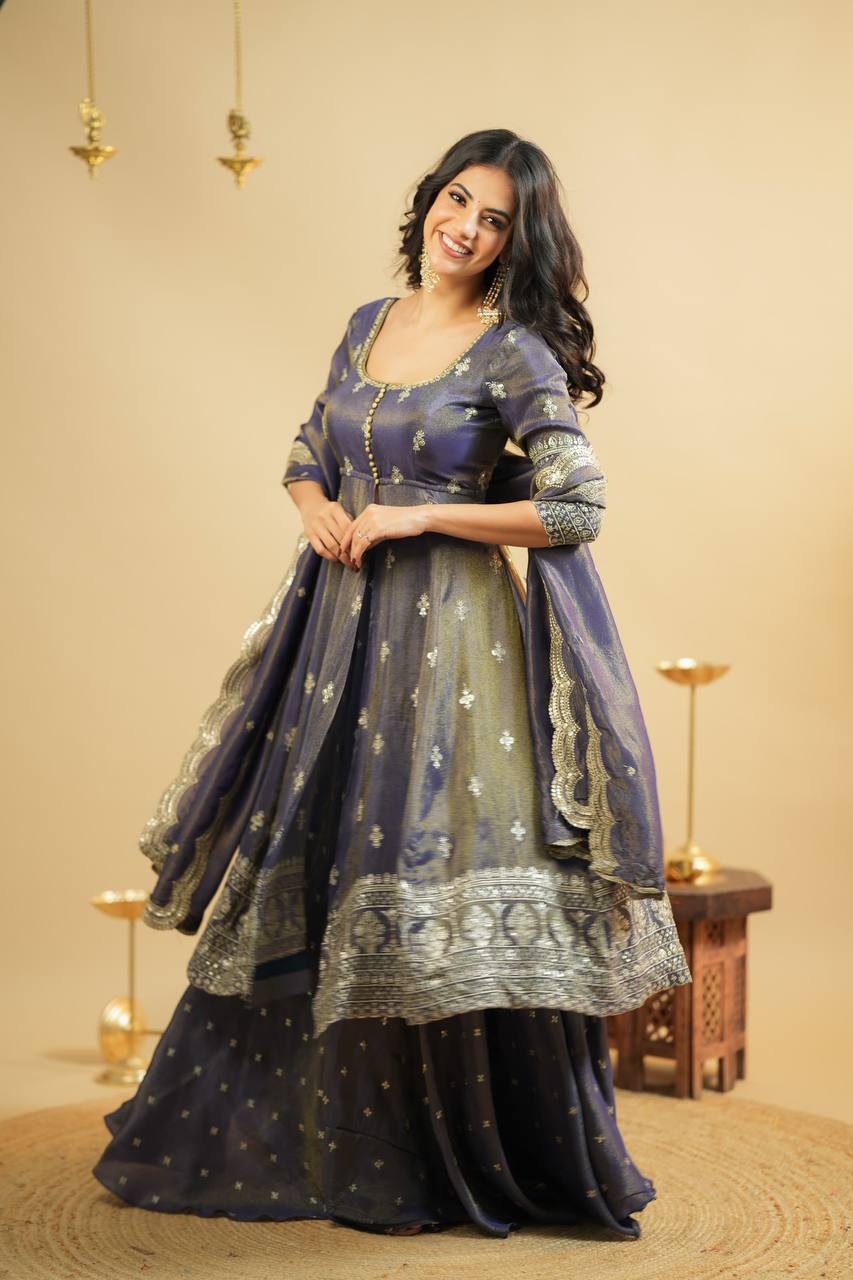 Saakshi`s Grey Cosmo Slik Anarkali Suit With Skirt