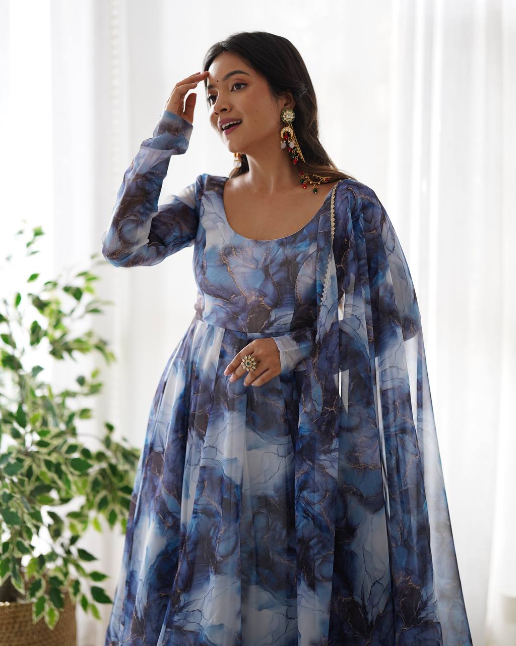 Elegant Pure Organza Silk Marble Print Anarkali Set