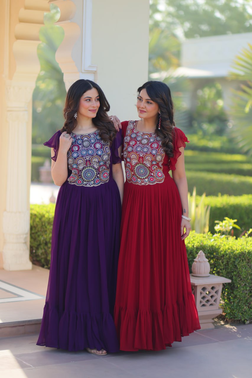 Designer Faux Blooming with Beads &amp; Sequins Multithreaded Embroidery Anarkali set