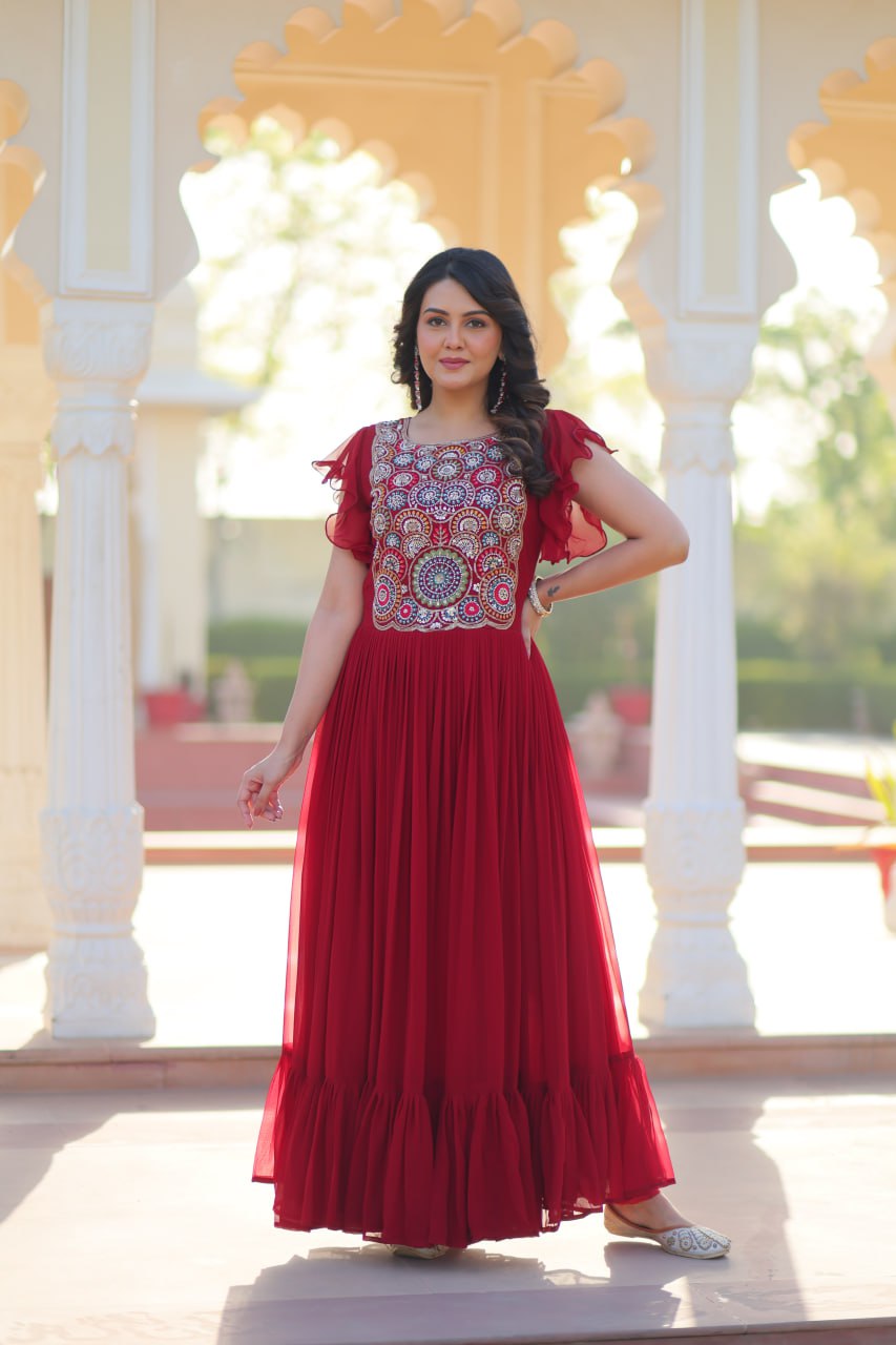 Designer Faux Blooming with Beads &amp; Sequins Multithreaded Embroidery Anarkali set