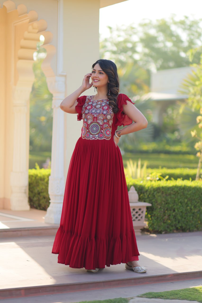 Designer Faux Blooming with Beads &amp; Sequins Multithreaded Embroidery Anarkali set
