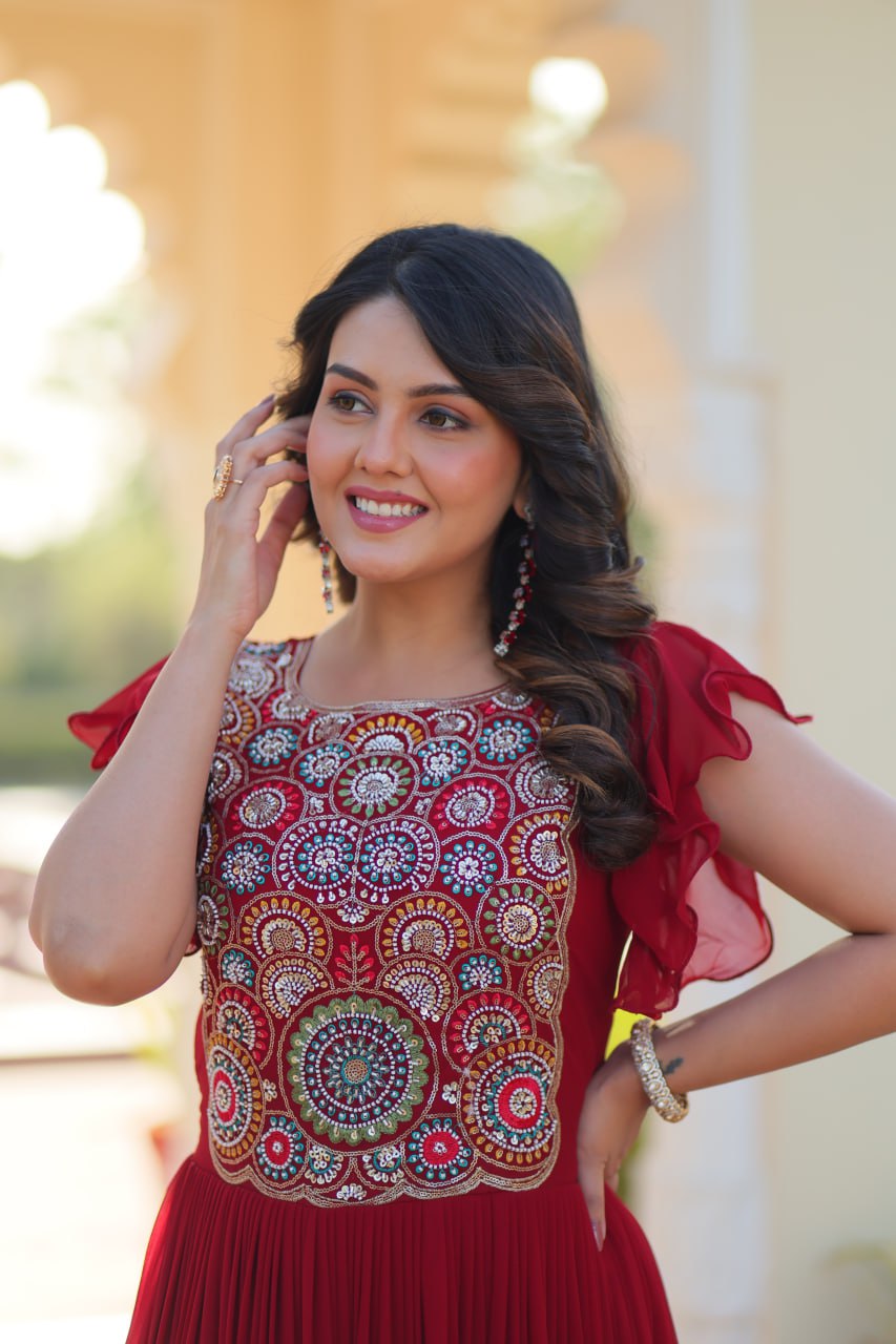 Designer Faux Blooming with Beads &amp; Sequins Multithreaded Embroidery Anarkali set