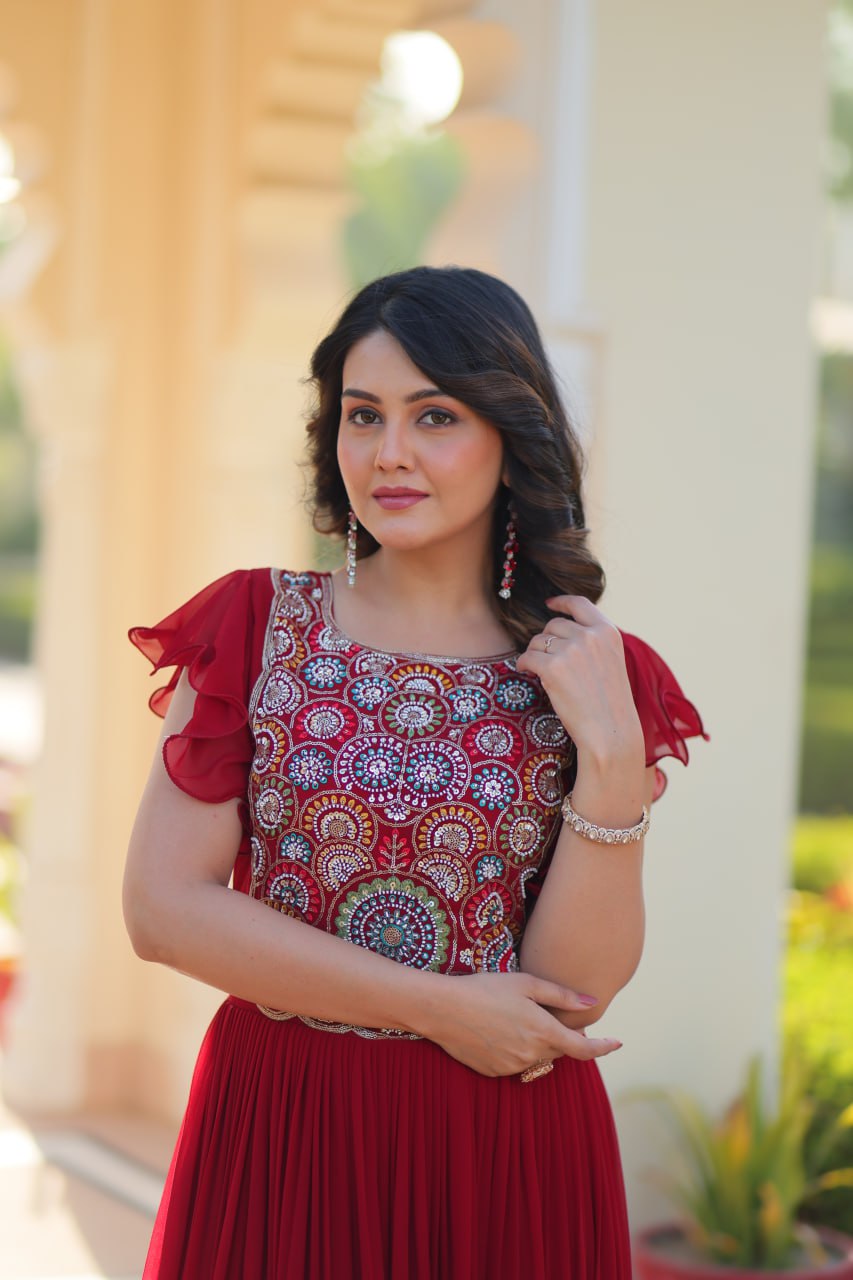 Designer Faux Blooming with Beads &amp; Sequins Multithreaded Embroidery Anarkali set