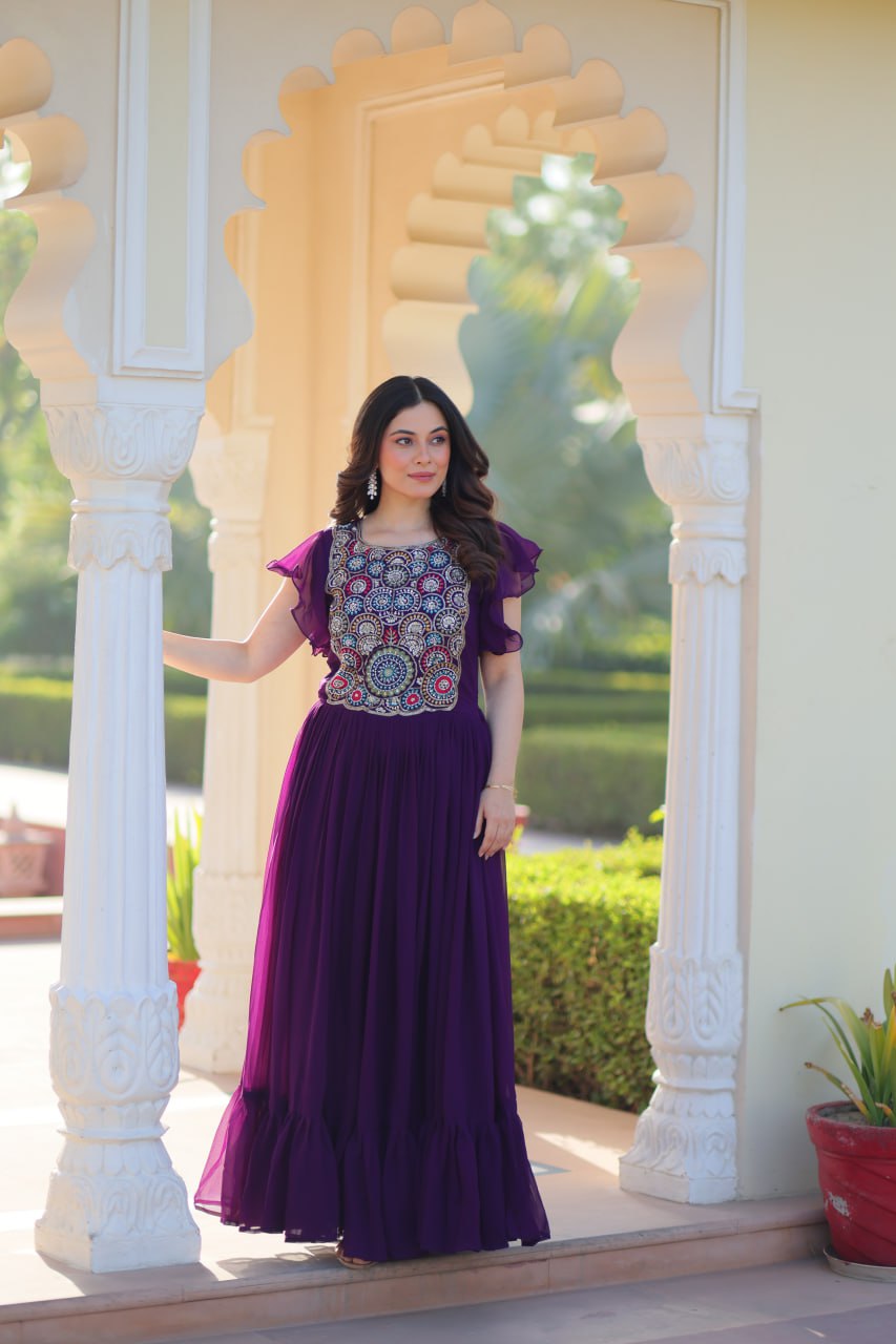 Designer Faux Blooming with Beads &amp; Sequins Multithreaded Embroidery Anarkali set