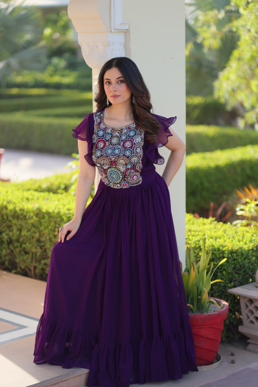 Designer Faux Blooming with Beads &amp; Sequins Multithreaded Embroidery Anarkali set