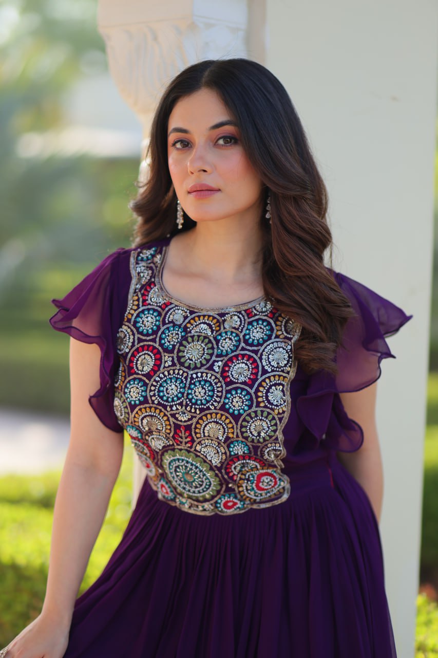 Designer Faux Blooming with Beads &amp; Sequins Multithreaded Embroidery Anarkali set