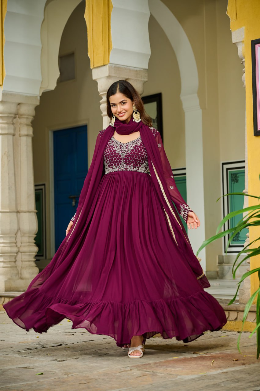 Designer Faux Blooming Embroidered Gown with Dupatta
