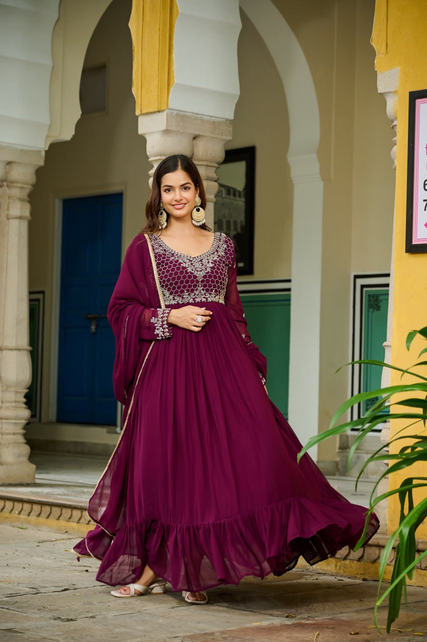 Designer Faux Blooming Embroidered Gown with Dupatta