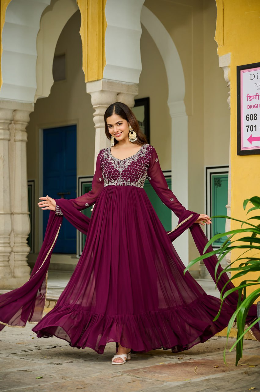 Designer Faux Blooming Embroidered Gown with Dupatta
