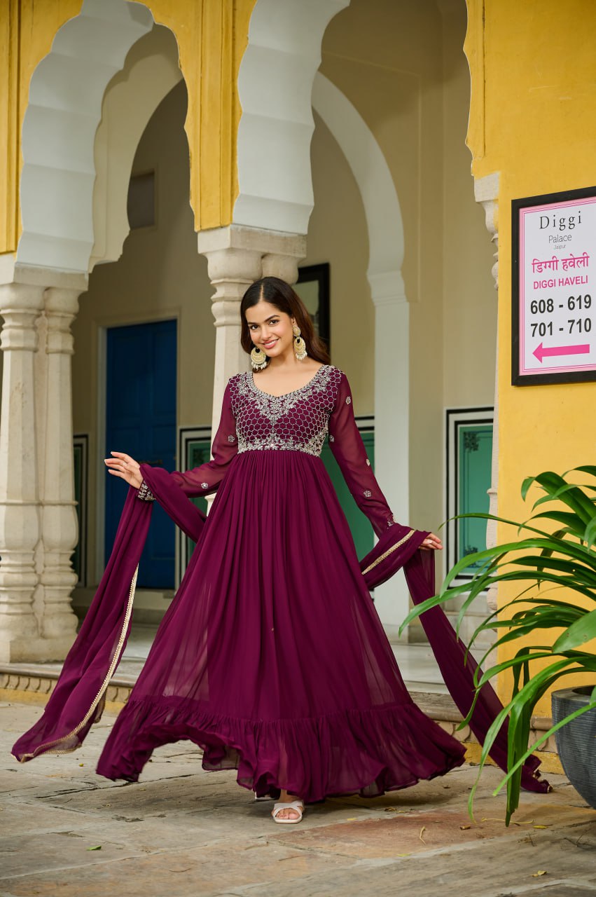 Designer Faux Blooming Embroidered Gown with Dupatta