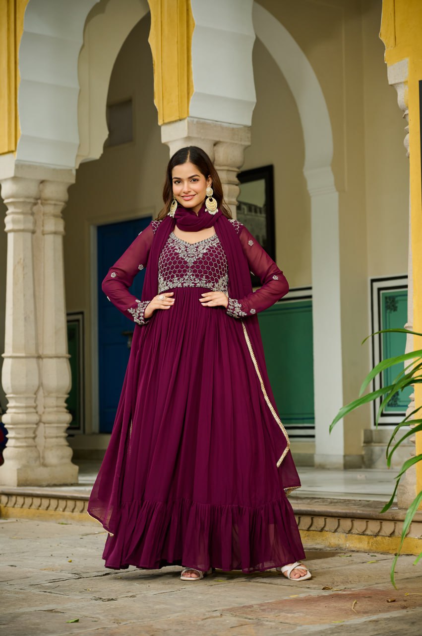 Designer Faux Blooming Embroidered Gown with Dupatta