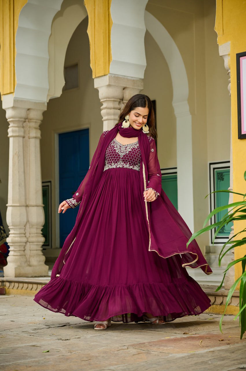 Designer Faux Blooming Embroidered Gown with Dupatta