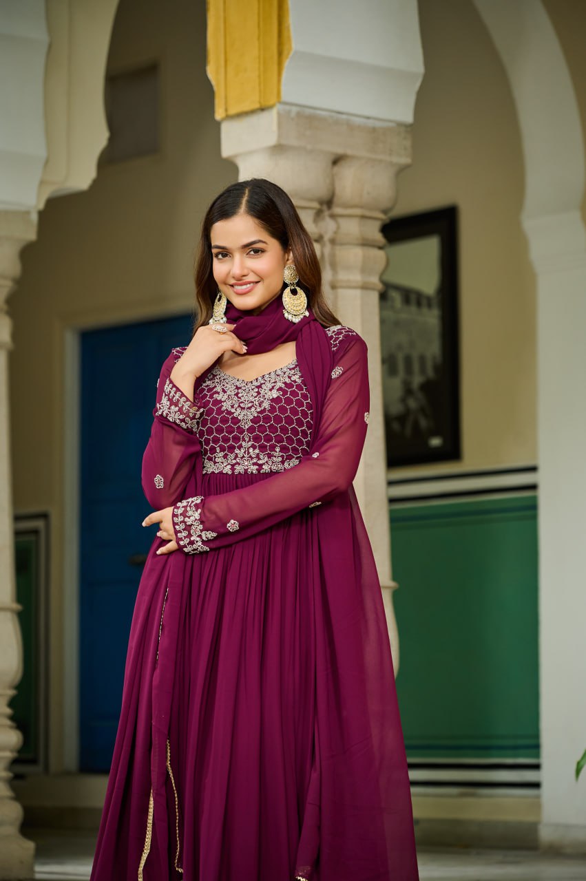 Designer Faux Blooming Embroidered Gown with Dupatta
