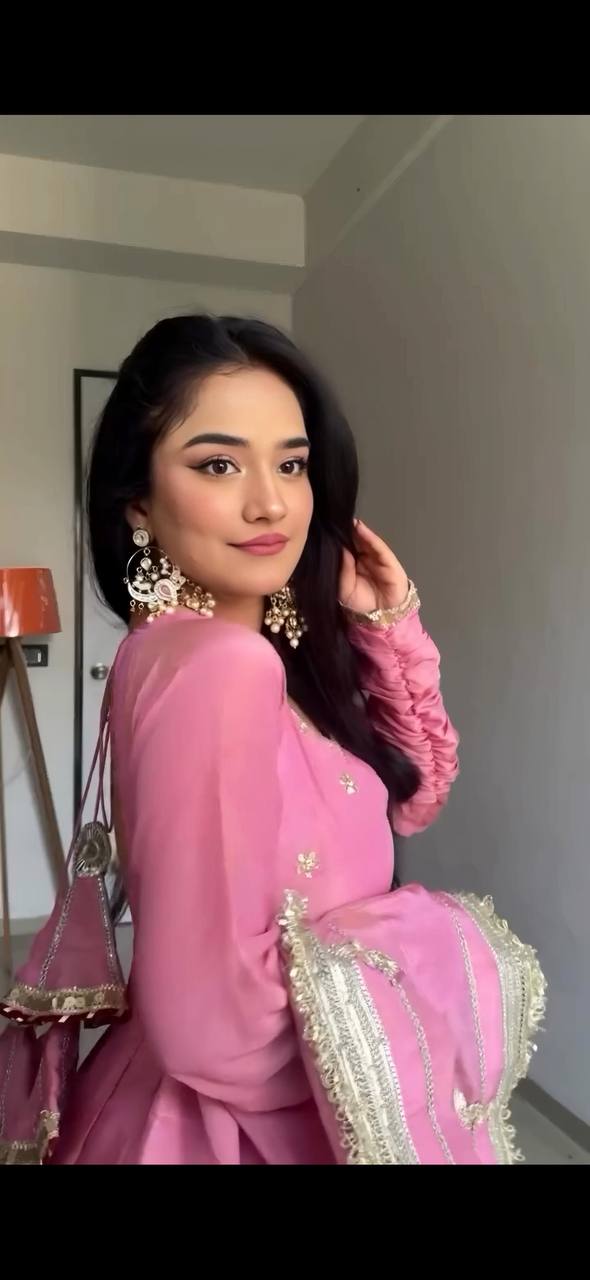 Pink Color Partywear Vichitra Silk Designer Anarkali Gown