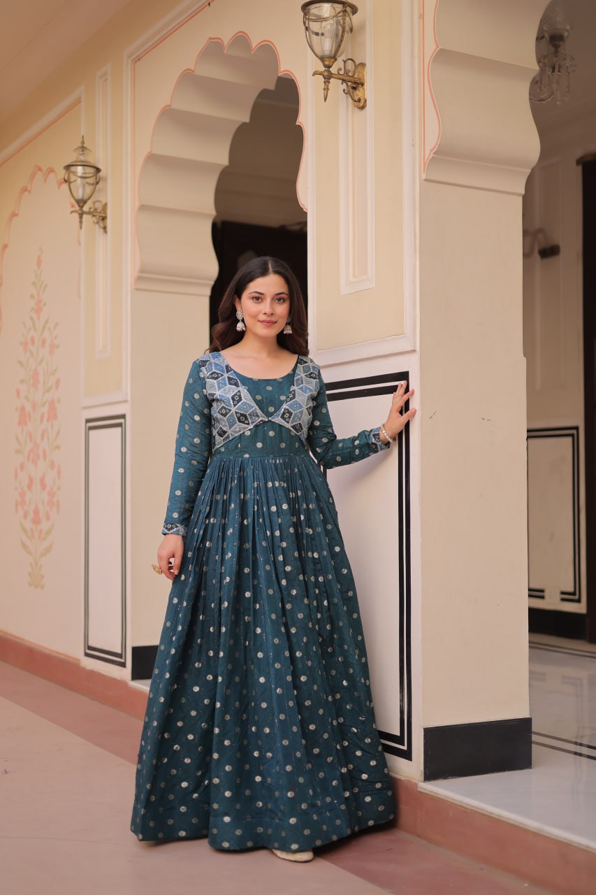 Premium Position Print Jacquard Gown – Rama & Wine | Full Sleeves, Round Neck