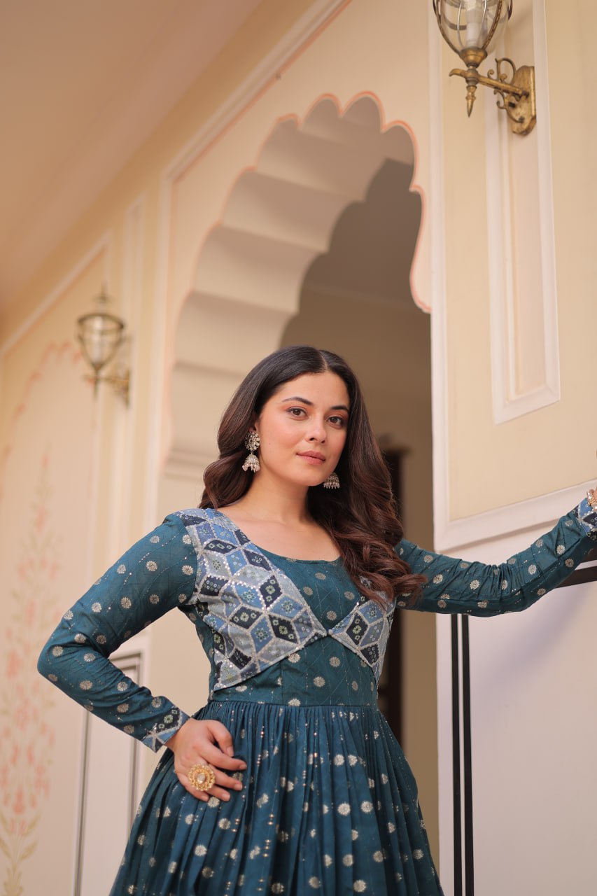 Premium Position Print Jacquard Gown – Rama & Wine | Full Sleeves, Round Neck