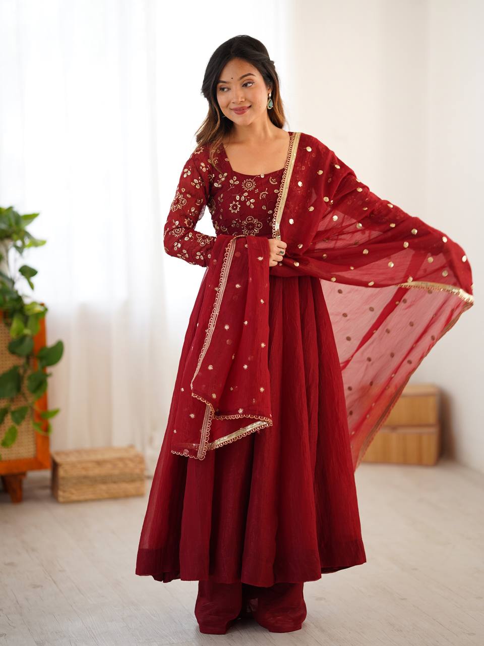 Maroon Color Partywear Crunchy Silk with Lace Border and Fully Flared Anarkali Suit Set