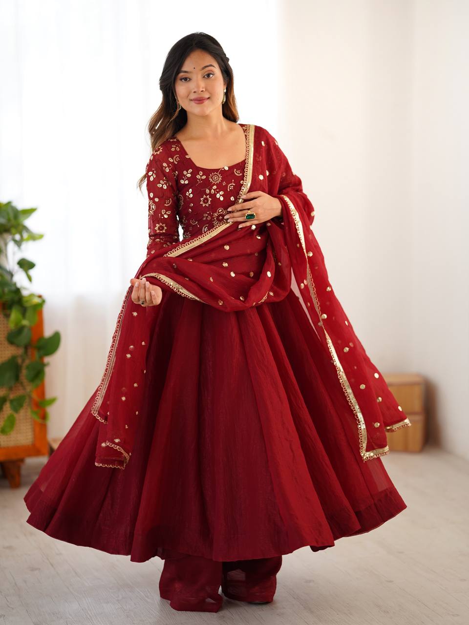 Maroon Color Partywear Crunchy Silk with Lace Border and Fully Flared Anarkali Suit Set
