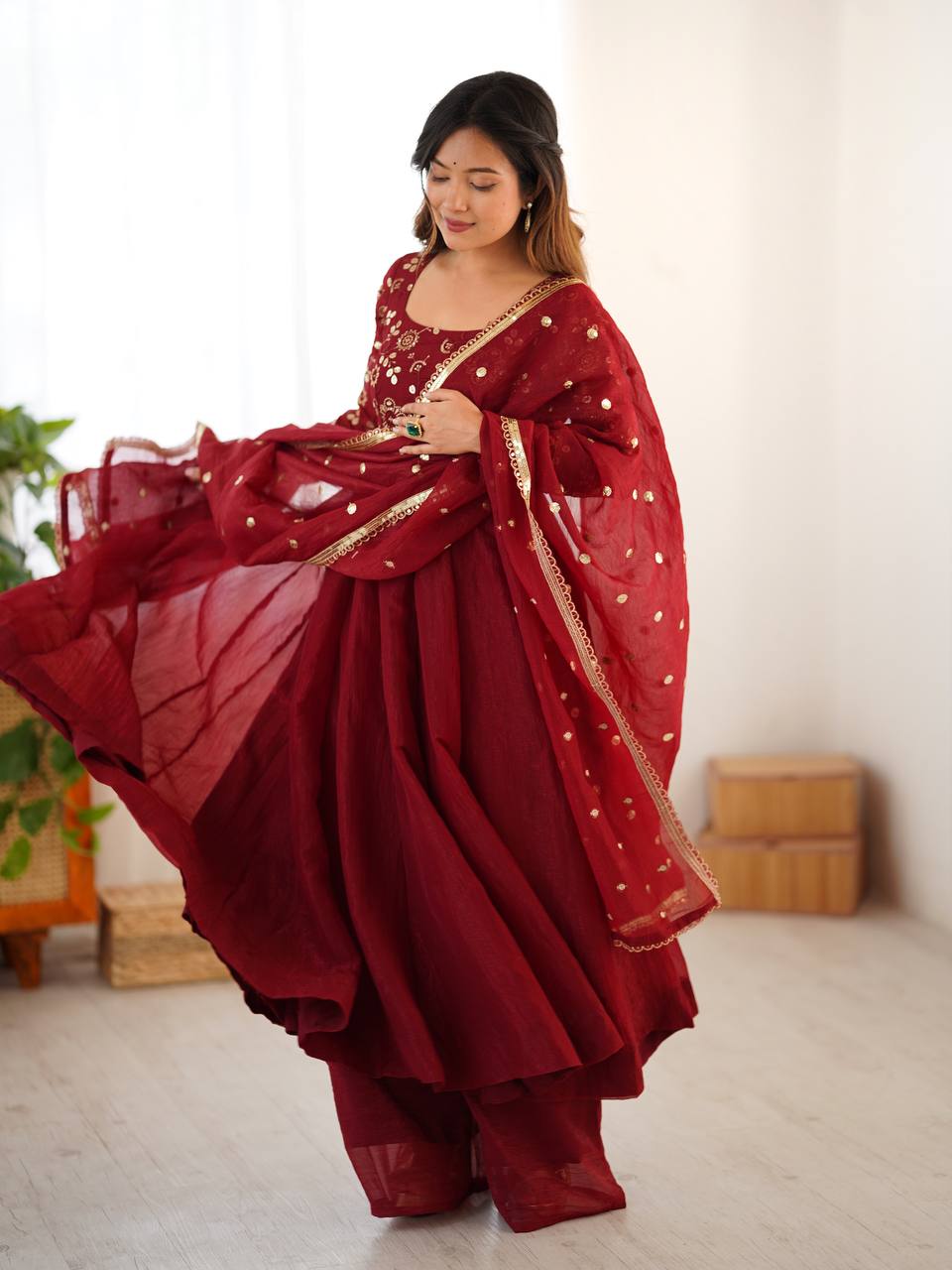 Maroon Color Partywear Crunchy Silk with Lace Border and Fully Flared Anarkali Suit Set