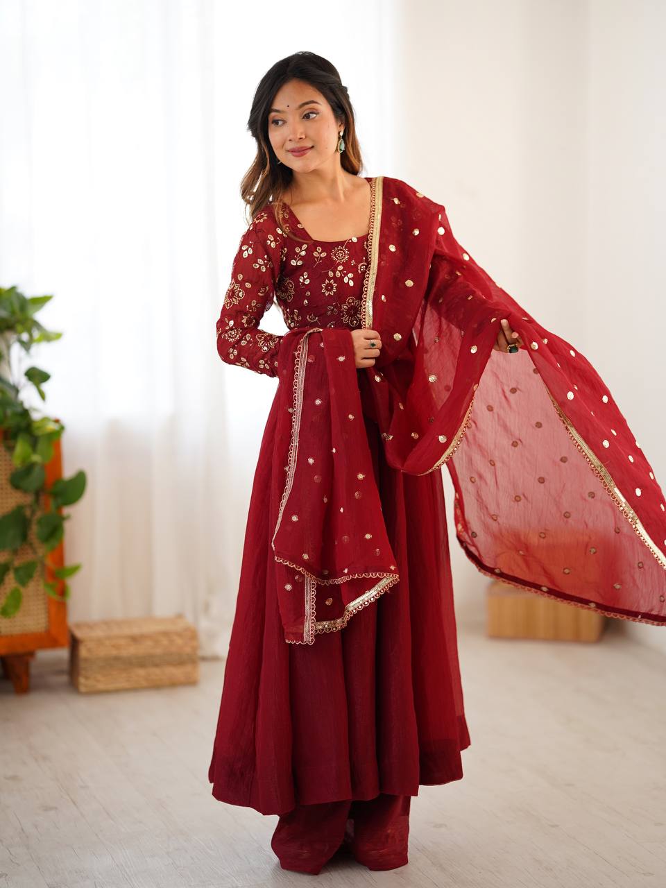 Maroon Color Partywear Crunchy Silk with Lace Border and Fully Flared Anarkali Suit Set