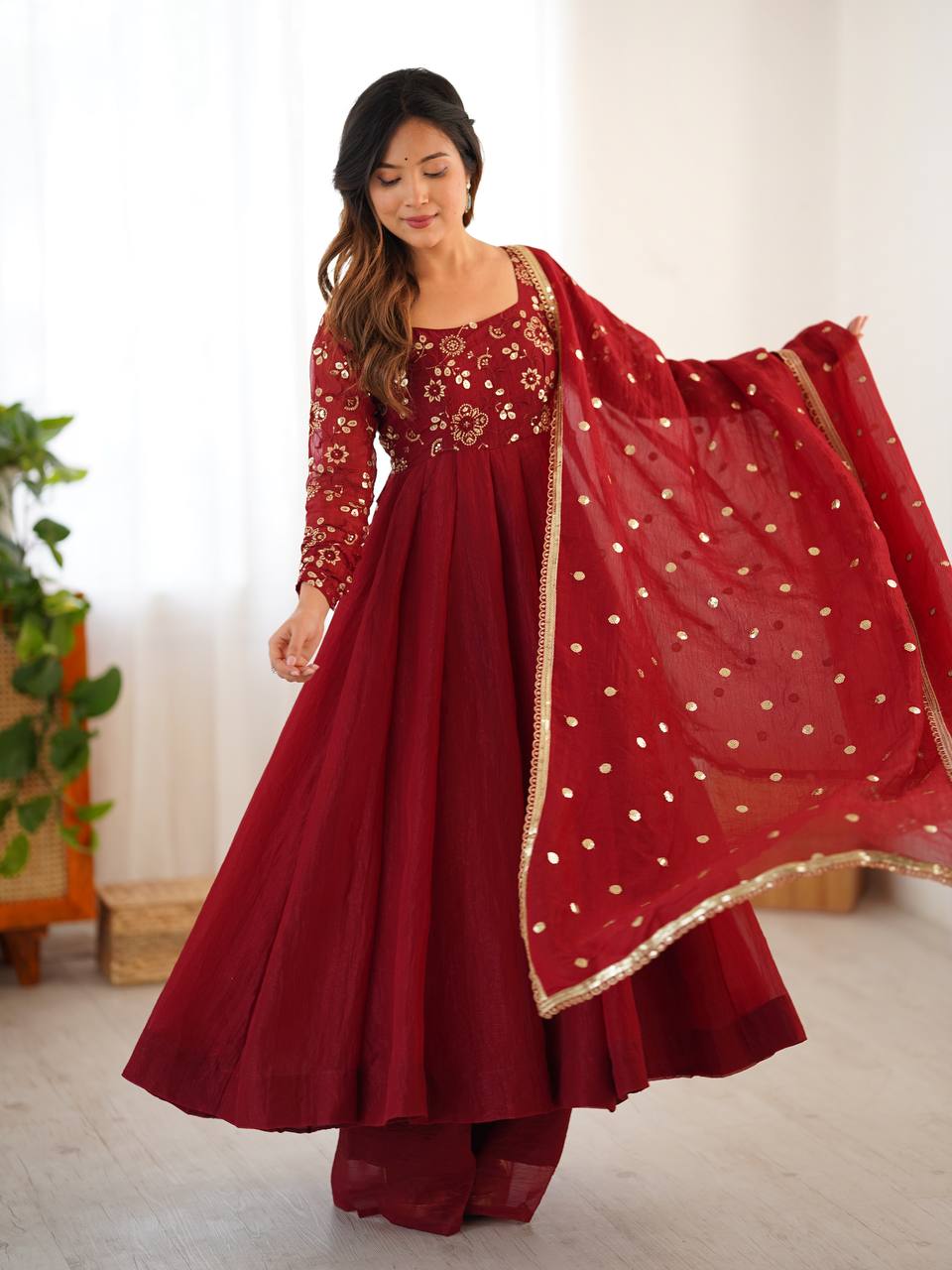 Maroon Color Partywear Crunchy Silk with Lace Border and Fully Flared Anarkali Suit Set