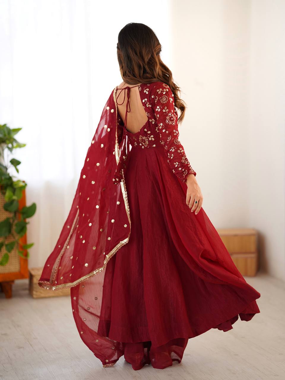 Maroon Color Partywear Crunchy Silk with Lace Border and Fully Flared Anarkali Suit Set