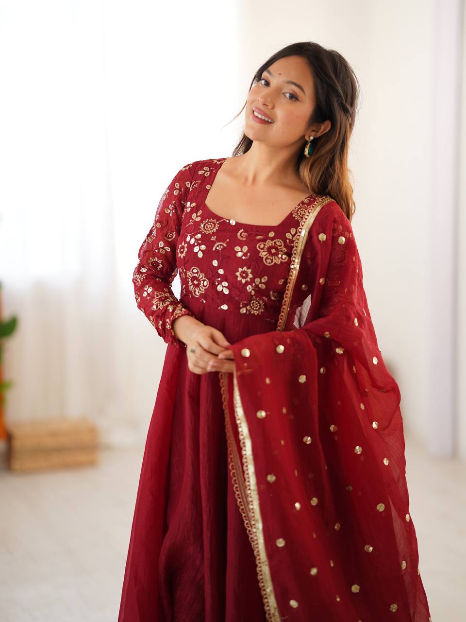 Maroon Color Partywear Crunchy Silk with Lace Border and Fully Flared Anarkali Suit Set