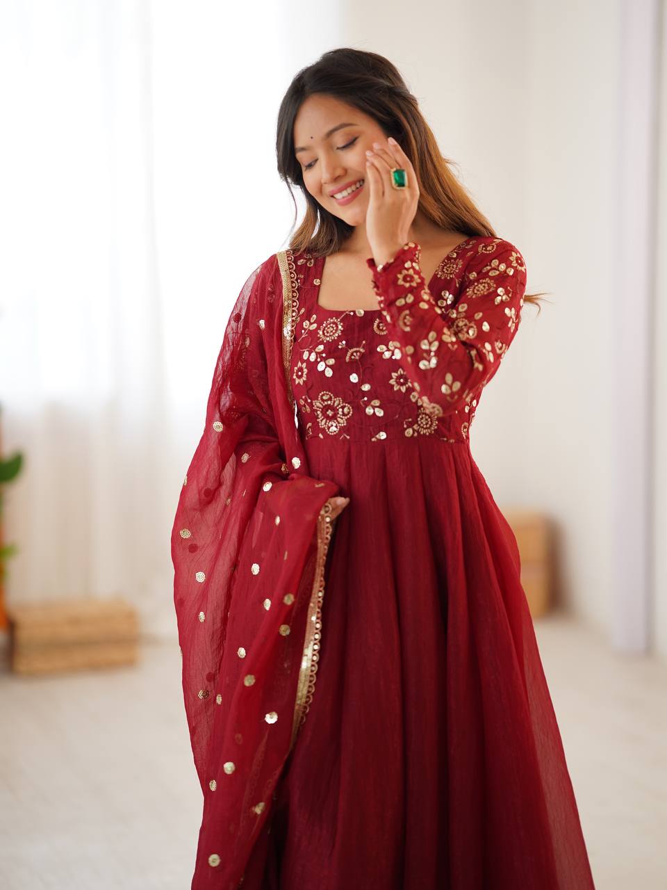 Maroon Color Partywear Crunchy Silk with Lace Border and Fully Flared Anarkali Suit Set