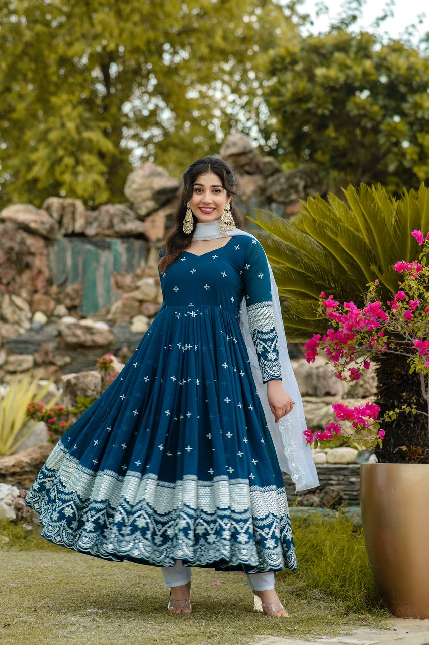 Blue Color Premium Designer Anarkali Kurta With Pant Set