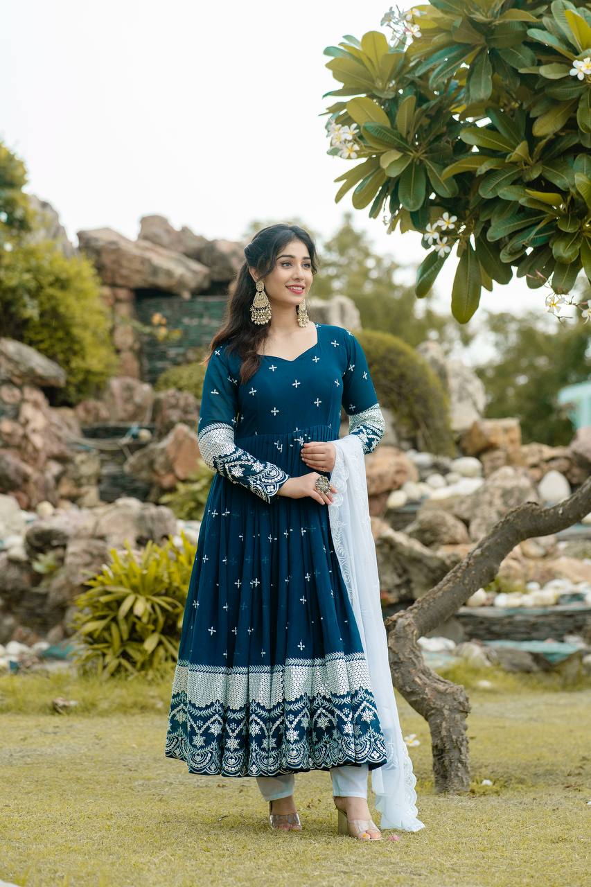 Blue Color Premium Designer Anarkali Kurta With Pant Set
