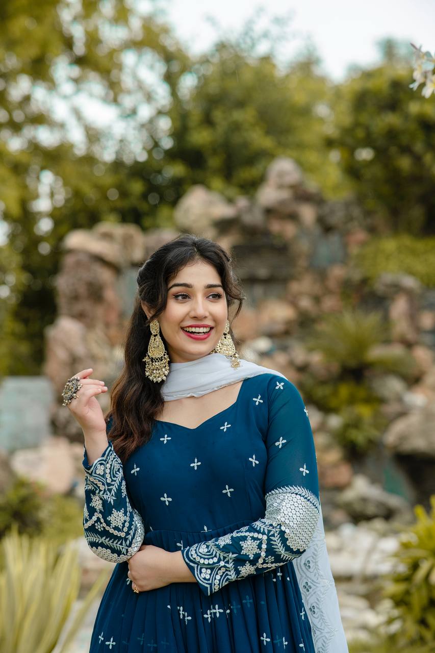 Blue Color Premium Designer Anarkali Kurta With Pant Set